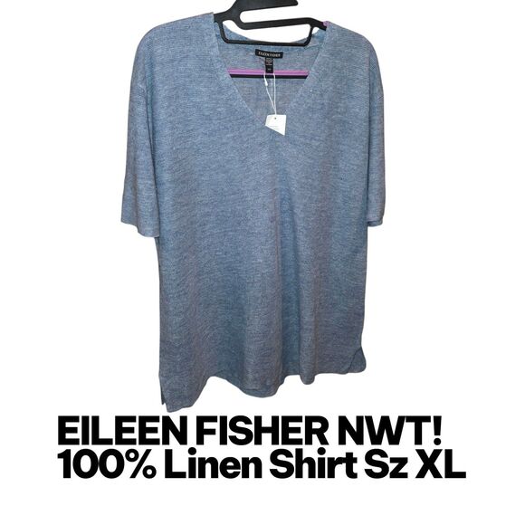 EILEEN FISHER XL NWT 100% Linen Blue Sustainable Boho S/S Shirt Top MSRP $118 - Picture 1 of 4